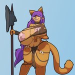 accessory anthro axe big_breasts blue_eyes bodily_fluids bottomwear breasts clothing female hair hair_accessory hairband holding_breast huge_breasts lactating loincloth long_hair looking_at_viewer melee_weapon nipples orange_body purple_hair smile solo standing tail torn_clothing weapon firepawdacat_(artist) firepawdacat domestic_cat felid feline felis mammal 1:1 hi_res