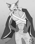 abs anthro biceps biped bottomwear clothed clothed_anthro clothed_male clothing front_view fur half_naked logo looking_at_viewer male male_anthro multicolored_body multicolored_fur muscular muscular_anthro muscular_male navel nipples one_eye_obstructed pants pecs pose simple_background smile smiling_at_viewer smirk smirking_at_viewer solo tail two_tone_body two_tone_fur xzenonart beastars legoshi_(beastars) canid canine canis mammal wolf 4:5 absurd_res artist_logo digital_drawing_(artwork) digital_media_(artwork) greyscale hatching_(art) hi_res monochrome portrait shaded three-quarter_portrait