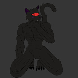 1_eye anthro black_body black_claws black_fur blush claws fangs fur grey_background kneeling male pupils purple_blush purple_inner_ear purple_snout red_sclera simple_background slit_pupils solo teeth abyssal_lurker lurker_(abyssal_lurker) domestic_cat felid feline felis mammal 1:1 digital_media_(artwork) hi_res ibispaint_(artwork)