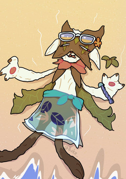 ambiguous_gender anthro beach bracelet dehydrated eye_bags eyewear flower_in_ear green_body heat_(temperature) holowear_(pokemon) humor jewelry leaf_clothing lying mask on_back paws sea shriveled solo sunglasses water wearing_sunglasses boke_(artist) nintendo pokemon pokemon_unite beach_style_meowscarada generation_9_pokemon meowscarada pokemon_(species) hi_res meme