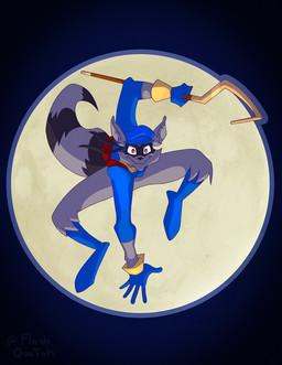 anthro backpack blue_clothing boots cane clothing footwear gloves grey_body handwear jumping looking_at_viewer male markings mask moon raccoon_tail shoes simple_background solo striped_markings striped_tail stripes tail tail_markings flashquatsch sly_cooper_(series) sony_corporation sony_interactive_entertainment sucker_punch_productions sly_cooper mammal procyonid raccoon hi_res