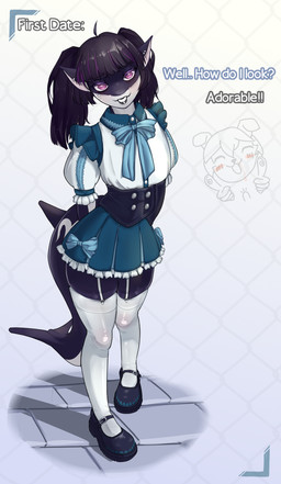 anthro bottomwear bow_ribbon clothed clothing crossdressing ear_piercing femboy frilly frilly_clothing male piercing shirt skirt smug smug_face solo topwear cirpich aquatic cetacean dolphin mammal oceanic_dolphin orca toothed_whale absurd_res hi_res