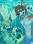 anthro athletic duo ears_up eyewear fish_tail fur glass glasses inner_ear_fluff jewelry male male/male mermaidification necklace paws scar smile smirk split_form teeth tongue tongue_out tuft underwater water wet wet_body wet_fur tarumeow canid canine canis fish hybrid mammal marine merfolk wolf