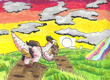 black_body black_feathers brown_body brown_scales feathers feral male open_mouth pink_body pink_feathers scales smile solo sun sunset tail miguel_the_divine_dragon dragonscape mythology dinosaur dragon drekir dromaeosaurid mythological_creature mythological_scalie prehistoric_species reptile saurischian scalie theropod 2026 absurd_res hi_res marker_(artwork) traditional_media_(artwork)