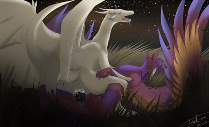 4_toes balls black_penis blue_ears bodily_fluids claws cowgirl_position cum cum_in_vagina cum_inside duo erection eyes_closed fangs feathered_wings feathers feet female female_on_top female_penetrated feral feral_on_feral flat_chested from_behind_position from_front_position fur genital_fluids genitals green_eyes hair half-closed_eyes hindpaw horn horn_jewelry horn_ring jewelry lying male male/female male_on_bottom male_penetrating male_penetrating_female narrowed_eyes night nude on_back on_bottom on_top open_mouth outside paws penetration penile penile_penetration penis penis_in_vagina purple_body purple_feathers purple_hair purple_scales ring_(jewelry) scales sex sharp_teeth sky star starry_sky straddling tail teeth toe_claws toes tongue tongue_out vaginal vaginal_penetration vulva white_body white_feathers white_fur wings yellow_body yellow_feathers hashire mythology freyskol_(character) malik dragon furred_dragon furred_scalie mythological_creature mythological_scalie scalie 2013