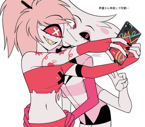 1_eye 4_arms cellphone clothed clothing crop_top duo electronics female gesture hand_gesture hand_on_hip male midriff multi_arm multi_limb navel phone shirt simple_background smartphone taking_picture taking_selfie text topwear v_sign white_background enaic31 hazbin_hotel hellaverse angel_dust cherri_bomb_(hazbin_hotel) arachnid arthropod cyclops demon demon_humanoid humanoid spider hi_res japanese_text translated