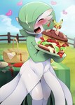 2023 blush dagasi detailed detailed_food digital_media_(artwork) eyes_closed female fence food gardevoir generation_1_pokemon generation_3_pokemon grass hair heart_symbol hi_res ketchup mayonnaise nintendo open_mouth outside picnic_blanket pikachu plant plate pokemon pokemon_(species) sandwich_(food)