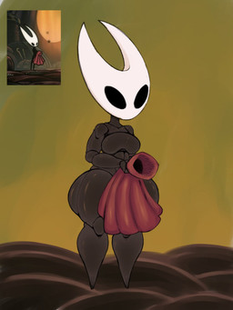 anthro black_body black_eyes bottom_heavy breasts cloak clothing empty_eyes featureless_breasts featureless_feet feet female front_view holding_clothing holding_object red_cloak red_clothing solo thick_thighs white_body wide_hips bell_crd hollow_knight:_silksong hollow_knight_(franchise) team_cherry hornet_(hollow_knight) arthropod insect 3:4 hi_res