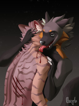anthro bdsm bite blood bodily_fluids duo fur male nude open_mouth scratch scratches scratching simple_background smile teeth tongue tongue_out vorpale dominick_(tiredtabby) canid canine canis domestic_cat felid feline felis mammal wolf 3:4 digital_drawing_(artwork) digital_media_(artwork) digital_painting_(artwork) hi_res painting_(artwork)