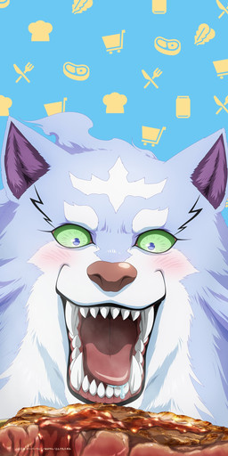 beef blue_body blue_fur blush bodily_fluids drooling food fur green_eyes male meat open_mouth saliva sauce sharp_teeth simple_background solo steak teeth tongue white_body white_fur campfire_cooking_in_another_world_with_my_absurd_skill fel_(fenrir) canid canine canis mammal wolf 6:13 hi_res official_art