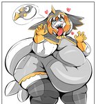 anthro belly big_belly big_butt big_tail blue_eyes blush butt female grey_body hair heart_symbol hood huge_butt huge_thighs looking_at_viewer multicolored_body navel obese obese_anthro obese_female orange_hair overweight overweight_anthro overweight_female sharp_teeth simple_background smile solo speech_bubble standing tail teeth thick_thighs tongue tongue_out white_body veryfilthything tiana_(awesomenesslord101) fish marine shark 2023 hi_res