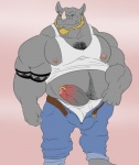 anthro beard belly belt biceps big_biceps big_penis biped body_hair bottomwear chest_hair clothing erection facial_hair foreskin front_view genital_piercing genitals grey_eyes hairy holding_object horn huge_penis humanoid_genitalia humanoid_penis looking_at_viewer male manly markings mature_anthro mature_male muscular muscular_anthro muscular_male nipple_piercing nipple_ring nipples nude pants partially_retracted_foreskin pecs penis penis_piercing piercing pose pubes ring_piercing shirt simple_background solo standing tank_top thick_penis topwear underwear unzipped vein veiny_penis zipper brubearbrown mammal rhinoceros