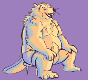 anthro belly big_belly bottomwear clothing eyes_closed male overweight overweight_male shorts simple_background solo aspenart beaver mammal rodent 2025