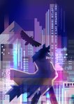 ambiguous_gender black_body black_nose city clothed clothing coat duo feral fluffy fluffy_tail flying fur male night standing tail topwear white_body kh_(artist) brand_new_animal studio_trigger kuro_(brand_new_animal) shirou_ogami avian canid canine canis mammal wolf absurd_res hi_res