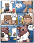 anthro backpack bed bedroom bodily_fluids brown_body brown_fur brown_hair clenched_teeth crying dialogue door duo fur furniture hair long_ears male orange_eyes planet plushie sad space spacecraft stitch_(sewing) tears teeth text vehicle wiping_tears young spicykiwi alex_(spicykiwi) felid hybrid mammal absurd_res comic hi_res story
