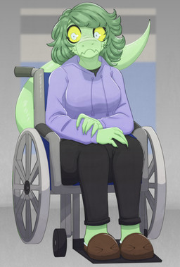 anthro big_eyes black_bottomwear black_clothing black_pants black_shirt black_topwear bottomwear breasts clothed clothed_anthro clothed_female clothing disability female fingers footwear freckled_face freckles front_view green_body green_hair grey_eyes hair hoodie humanoid_hands long_hair medium_breasts non-mammal_breasts pants paraplegic purple_clothing purple_hoodie purple_topwear shirt shoes sitting slippers solo tail topwear vehicle wheelchair wide_eyed yellow_sclera mike_jeb cavemanon_studios i_wani_hug_that_gator olivia_halford baryonyx dinosaur prehistoric_species reptile saurischian scalie spinosaurid theropod absurd_res colored full-length_portrait hi_res portrait shaded