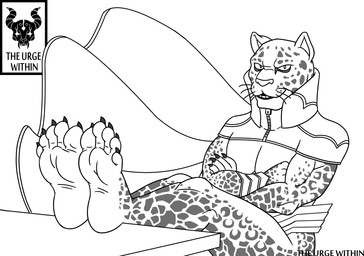 5_toes anthro armor barefoot belt bracers cape claws clothing collar crossed_arms feet finger_claws fingers foot_fetish foot_focus foot_on_table fur furniture humanoid_feet looking_at_viewer male markings plantigrade pointy_ears prick_ears sitting snout soles solo spots spotted_body spotted_fur table text toe_claws toes whiskers zipper the_urge_within atlus megami_tensei sega ose_(megami_tensei) felid leopard mammal pantherine 2017 black_and_white english_text hi_res monochrome