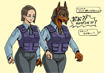 anthro before_and_after bodily_fluids bottomwear brown_body clothing dialogue female human_to_anthro pants police police_uniform simple_background solo species_transformation sweat text transformation uniform tabino canid canine canis domestic_dog human mammal 2024 digital_media_(artwork) hi_res japanese_text translation_request