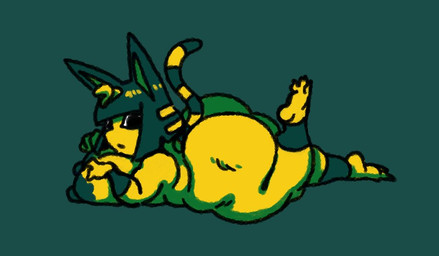 anthro areola bangs big_breasts big_butt blue_hair breasts butt feet female female_anthro green_background hair lying markings nipples nude nude_anthro nude_female on_front overweight overweight_anthro overweight_female short_stack simple_background solo striped_markings striped_tail stripes tail tail_markings thick_thighs toes uraeus wide_hips yellow_body nsfwoaf animal_crossing nintendo ankha_(animal_crossing) domestic_cat felid feline felis mammal 2025 digital_drawing_(artwork) digital_media_(artwork) english_description full-length_portrait portrait