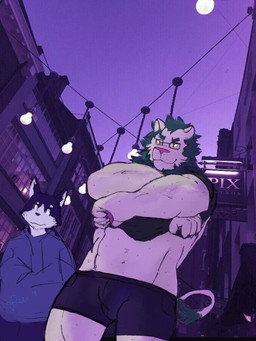 abs anthro biped bulge clothed clothing detailed_background duo eyewear fully_clothed glasses happy jacket lights male muscular night partially_clothed photo_background topwear underwear undressing radcanine canid canine felid feline mammal 3:4 hi_res photography_(artwork)