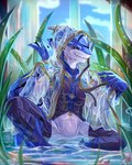 abs anthro clothed clothing crossed_legs featureless_crotch looking_at_viewer male partially_clothed partially_submerged plant sitting smile solo wet zeitzbach voeaillo_sharkel_(zeitzbach) fish marine shark 4:5 hi_res