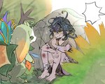 big_tail blood bodily_fluids dark_hair floppy_ears genshin_impact grass green_eyes hi_res hiding kinich kinich_(genshin_impact) mihoyo plant rock saurian_(genshin_impact) shush simple_background tail tree white_background wounded yaegashi yellow_eyes young yumkasaurus