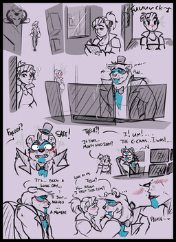 anthro black_border black_nose blue_eyes blush border bow_tie caressing_face caught_in_the_act caught_masturbating clothing dialogue duo ear_piercing ear_ring female female_on_anthro french_kissing hair hand_on_another's_face hand_on_face hat headgear headwear human_on_anthro interspecies kissing male male/female male_on_human masturbation piercing ponytail profanity ring_piercing security_room text top_hat devilchicky210 five_nights_at_freddy's five_nights_at_freddy's:_security_breach scottgames steel_wool_studios glamrock_freddy bear human mammal comic english_text hi_res partially_colored