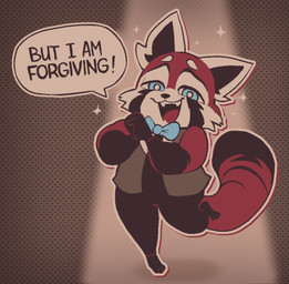 anthro biped black_body black_fur black_nose bottomless bow_tie clothed clothing dipstick_tail facial_markings fangs featureless_crotch fur half-closed_eyes hands_together head_markings humanoid_hands looking_at_viewer male markings narrowed_eyes on_one_leg open_mouth pupils red_body red_fur simple_background solo speech_bubble spotlight_beam standing striped_markings striped_tail stripes tail tail_markings talking_to_viewer teeth text tongue white_pupils mvsnake indigo_park fan_character remi_(jakeneutron) ailurid mammal red_panda english_text