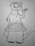 2023 anthro apron black_and_white cavemanon_studios claws clothing dinosaur dress_shirt facial_hair fingers food gesture hand_gesture hat headgear headwear hi_res long_tail male moe_(snoot_game) monochrome mustache ok_sign pizza reptile scalie sharp_teeth shirt sketch smile snoot_game solo tail teeth theropod topwear tyrannosaurid tyrannosauroid tyrannosaurus tyrannosaurus_rex unknown_artist