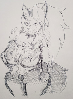 anthro between_breasts big_breasts blush breasts duo eyes_closed female halo larger_female male male/female size_difference smile tongue tongue_out pikapika212 hellaverse helluva_boss mythology collin_(helluva_boss) loona_(helluva_boss) angel bovid canid canid_demon canine caprine demon hellhound mammal mythological_canine mythological_creature sheep hi_res monochrome