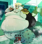 3_toes 4_fingers ambiguous_gender anthro belly big_belly big_butt blonde_hair butt clothing cookie eating feet fingers food fur grey_body grey_fur hair huge_belly huge_butt obese overweight solo thick_thighs toes torn_clothing hoshino_kedama felid leopard mammal pantherine hi_res