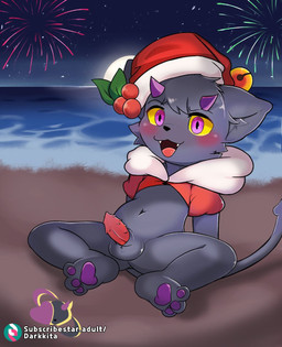 animal_genitalia beach christmas_clothing christmas_headwear clothing costume erection fangs feline_genitalia fireworks genitals hat headgear headwear holidays holly_(plant) horn male open_mouth pawpads paws penile_spines penis plant santa_costume santa_hat smile solo teeth young spikeokami christmas darkkita demon domestic_cat felid feline felis hybrid mammal hi_res