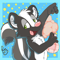 anthro black_body black_fur cheek_tuft facial_tuft fur green_eyes head_tuft logo looking_at_viewer male narrowed_eyes navel nude open_mouth open_smile pattern_background perfume pink_nose pink_tongue simple_background smile solo tongue tuft white_body white_fur young young_anthro young_male pandapaco mammal mephitid skunk 1:1 artist_logo half-length_portrait portrait signature