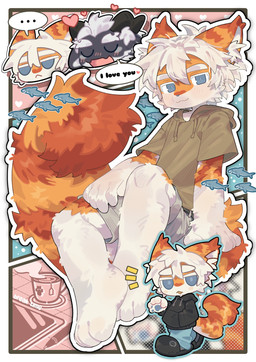 anthro black_clothing black_topwear blue_bottomwear blue_clothing blue_eyes bottomwear brown_clothing brown_topwear clothing duo fur grey_bottomwear grey_clothing hair horn male male/male orange_body orange_fur topwear white_body white_fur white_hair co_asomasom mythology hu_ku_li_(milkybot) yay_(milkybot) domestic_cat dragon felid feline felis mammal mythological_creature mythological_scalie scalie hi_res