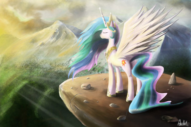 blue_hair cliff cloud crown cutie_mark detailed_background eyes_closed feathered_wings feathers female feral green_hair hair headgear horn mountain multicolored_hair outside pink_hair princess quadruped rock royalty sky solo sunset tail tiara white_body white_feathers wings ajvl friendship_is_magic hasbro my_little_pony mythology princess_celestia_(mlp) equid equine mammal mythological_creature mythological_equine winged_unicorn 2011 3:2 hi_res