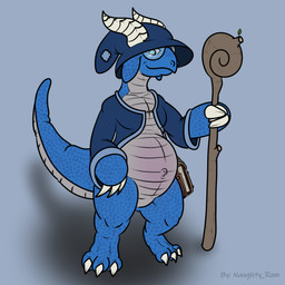 3_fingers 3_toes anthro blue_body blue_eyes blue_scales book claws digitigrade eyewear featureless_crotch feet fingers furgonomic_headwear furgonomics glasses horn horns_through_hat magic_user male navel nerd patch_(fabric) patched_clothing scales shortstack slightly_chubby staff tail toes ventral_scales white_horn wing_claws wings naughty_ram kobold scalie 1:1 character_request hi_res