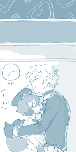 anthro cellphone clock clothed clothing duo electronics ellipsis female fluffy fluffy_tail fur gloves gloves_(marking) hair handwear holding_object laugh male markings open_mouth phone shirt short_hair sleeping surprised tail tank_top tired topwear ochika_yorumo brand_new_animal studio_trigger michiru_kagemori shirou_ogami canid canine human mammal raccoon_dog tanuki 2020 absurd_res blue_and_white digital_media_(artwork) hi_res long_image monochrome tall_image
