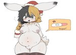 anthro bell bell_collar black_hair blonde_hair blush blush_lines bodily_fluids breasts christmas_clothing christmas_headwear clothing collar embarrassed female fur genital_fluids genitals hair hand_behind_back hat headgear headwear holidays inverted_nipples legwear looking_at_viewer navel nipples open_mouth pawpads pregnancy_test pregnant pregnant_anthro pregnant_female pussy santa_hat simple_background solo sweat sweatdrop tail text vaginal_fluids white_body white_fur perobun christmas lagomorph leporid mammal rabbit 2024 english_text hi_res