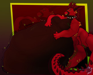 anthro belly big_belly big_breasts breasts digestion digestion_noises expansion fatal_vore female horn huge_belly hyper hyper_belly multi_arm multi_eye multi_limb oral_vore overweight red_body rumbling_stomach scales sitting solo text tongue tongue_out vore weight_gain noctiribean mythology dragon mythological_creature mythological_scalie scalie hi_res