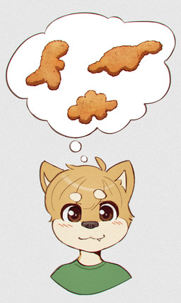 anthro brown_eyes chicken_meat chicken_nugget clothing dino_nugget food fur green_clothing green_shirt green_topwear male meat shirt solo thought_bubble topwear white_back yellow_body yellow_fur skidoo owen_(skidoo) canid canine canis domestic_dog mammal shiba_inu spitz hi_res