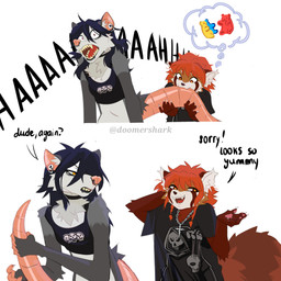 alternative_fashion anthro bite black_clothing black_lips breasts candy clothing crop_top dessert duo ear_piercing ear_ring facial_piercing female fluffy fluffy_tail food fur goth grey_body grey_fur gummy_(food) gummy_bear_(food) hair hairless_tail lip_piercing lips male male/female neck_tuft nose_piercing nose_ring orange_hair piercing punk ring_piercing shirt small_breasts t-shirt tail tail_bite tail_grab tail_in_mouth text thick_tail topwear tuft doomershark ailurid american_opossum mammal marsupial red_panda 1:1 absurd_res english_text hi_res