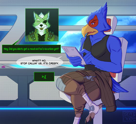 >:( annoyed anthro beak blue_body chest_tuft clothed clothing crossed_legs dialogue digitigrade duo eye_patch eyewear feet green_eyes jumpsuit male markings red_markings shirt sitting space speech_bubble tablet talons tank_top text toes topwear tuft winged_arms wings seachord nintendo star_fox star_fox_(2026) falco_lombardi wolf_o'donnell canid canine canis mammal wolf 2026 digital_drawing_(artwork) digital_media_(artwork) english_text hi_res