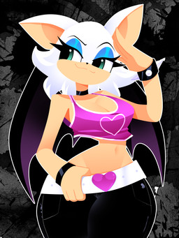 anthro belt black_bottomwear black_choker black_clothing black_jewelry black_necklace black_pants blue_eyeshadow bottomwear bracelet breasts choker cleavage clothed clothing eyebrows eyeshadow female gesture green_eyes heart_symbol jewelry makeup membrane_(anatomy) membranous_wings necklace pants purple_clothing purple_topwear salute small_waist solo spiked_bracelet spikes topwear wide_hips wings xan-gelx sega sonic_the_hedgehog_(series) rouge_the_bat bat mammal 3:4 hi_res