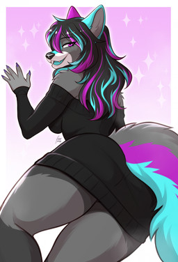 5_fingers anthro biped border breasts butt claws clothed clothed_anthro clothed_female clothing female fingers fur hair rear_view smile solo tail teeth tongue white_border fuvi haiko_frostypaws canid canine mammal 2026 digital_drawing_(artwork) digital_media_(artwork) hi_res