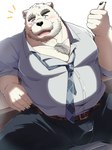 anthro beard black_nose blush bottomwear clothing facial_hair kemono male mature_male mustache necktie overweight overweight_male pants scar shirt sitting solo topwear emufu anothereidos_of_dragon_vein_r sigvaldi_(anothereidos_r) bear mammal polar_bear ursine 2025 hi_res