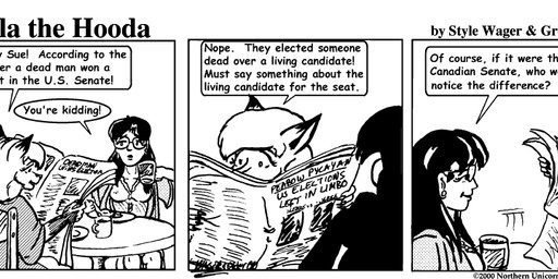 anthro bra breasts chair clothed clothed_female clothing coffee_cup container cup dialogue duo eyes_closed eyewear female fur furniture glasses hair robe sitting table text underwear style_wager dela_the_hooda dela_aldershaw sue_chan_(dela_the_hooda) canid canine fox hooda human mammal 2000 comic english_text greyscale monochrome