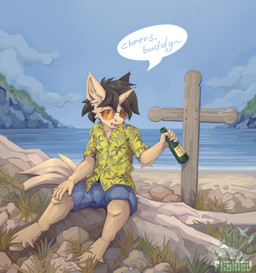 alcohol aloha_shirt anthro aviator_glasses beach beer beverage bottle bottomwear clothing container eyewear glasses grass horn male memorial_cross pattern_clothing pattern_shirt pattern_topwear plant sand sea shirt shorts solo topwear water flightov hasbro my_little_pony mythology fan_character equid equine mammal mythological_creature mythological_equine unicorn absurd_res hi_res