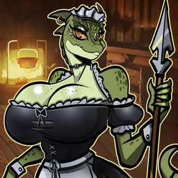anthro bedroom_eyes big_breasts blush blush_lines breasts brown_eyes clothed clothed_anthro clothed_female clothing detailed_background female fingers fire fireplace freckled_breasts freckles front_view green_body holding_object huge_breasts humanoid_hands inside looking_at_viewer maid_uniform markings melee_weapon narrowed_eyes non-mammal_breasts orange_sclera polearm pupils scale_freckles seductive slit_pupils solo spear spots spotted_arms spotted_markings spotted_shoulders uniform weapon wide_hips mister_feelgood microsoft the_elder_scrolls the_lusty_argonian_maid lifts-her-tail argonian scalie 1:1 colored half-length_portrait hi_res portrait shaded