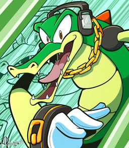 abstract_background anthro back_spikes buckle chain clothing countershade_arms countershade_torso countershading electronics gloves gold_(metal) gold_chain green_body handwear headphones male open_mouth open_smile sharp_teeth smile snout solo spikes spikes_(anatomy) teeth tongue yellow_eyes jd_virushunter sega sonic_the_hedgehog_(series) vector_the_crocodile crocodile crocodilian reptile scalie 2026 hi_res signature