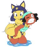 anthro big_butt blue_hair bodily_fluids butt duo female hair male plantigrade sweat thick_thighs water yellow_body purple_yoshi_draws animal_crossing nintendo ankha_(animal_crossing) cushion_(purpsyoshi) domestic_cat felid feline felis mammal hi_res